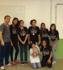 Campeões da Diretoria de Ensino Feminino – (esq. p/ dir.) Professor Giovanni, Nicole, Sofia, Camila, Tamiris e Luiza Helena; à frente: Geisse e Ingrid.